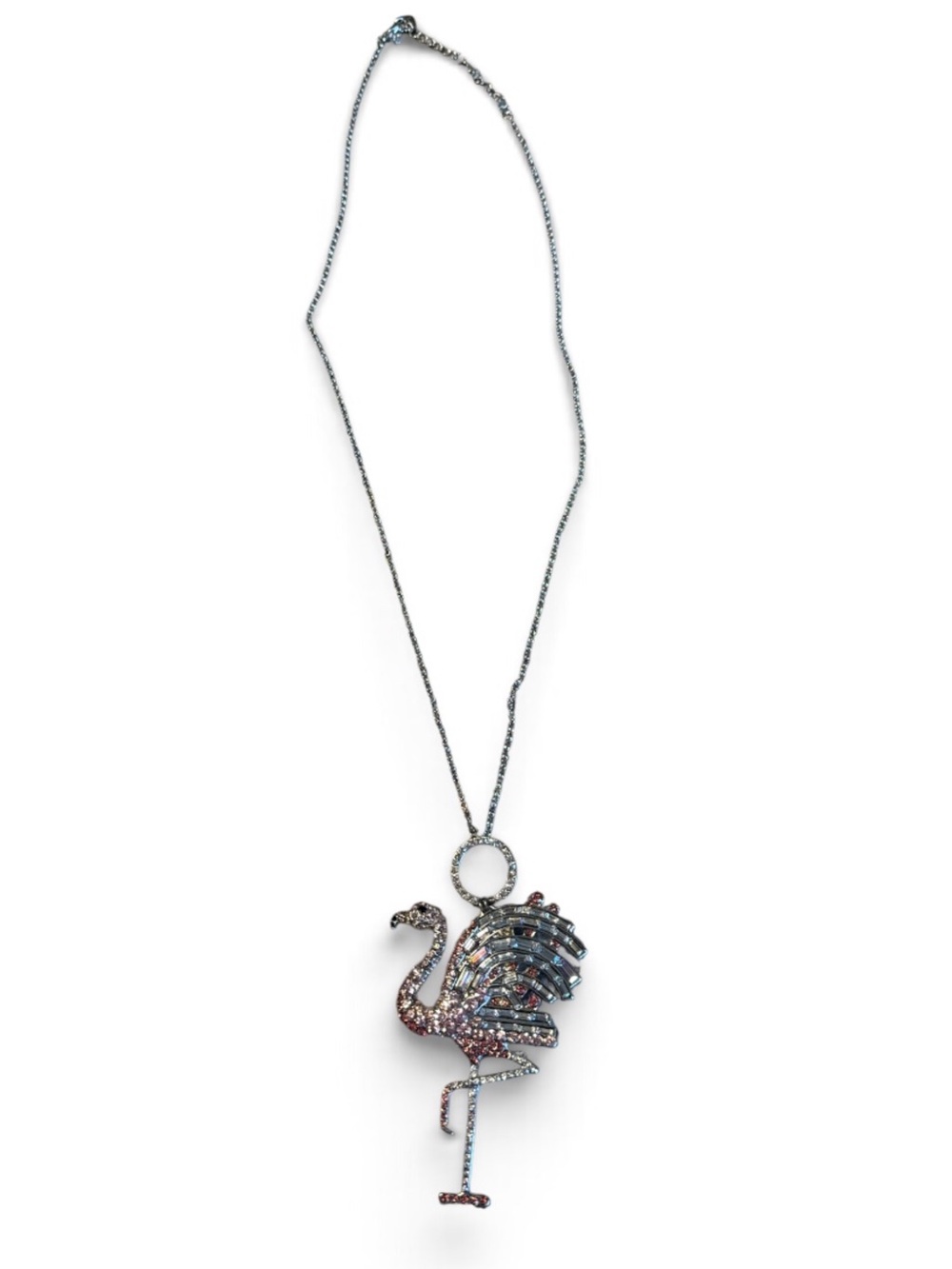 Betsey Johnson Rhinestone Flamingo Pendant Necklace Longer Length Sparkle